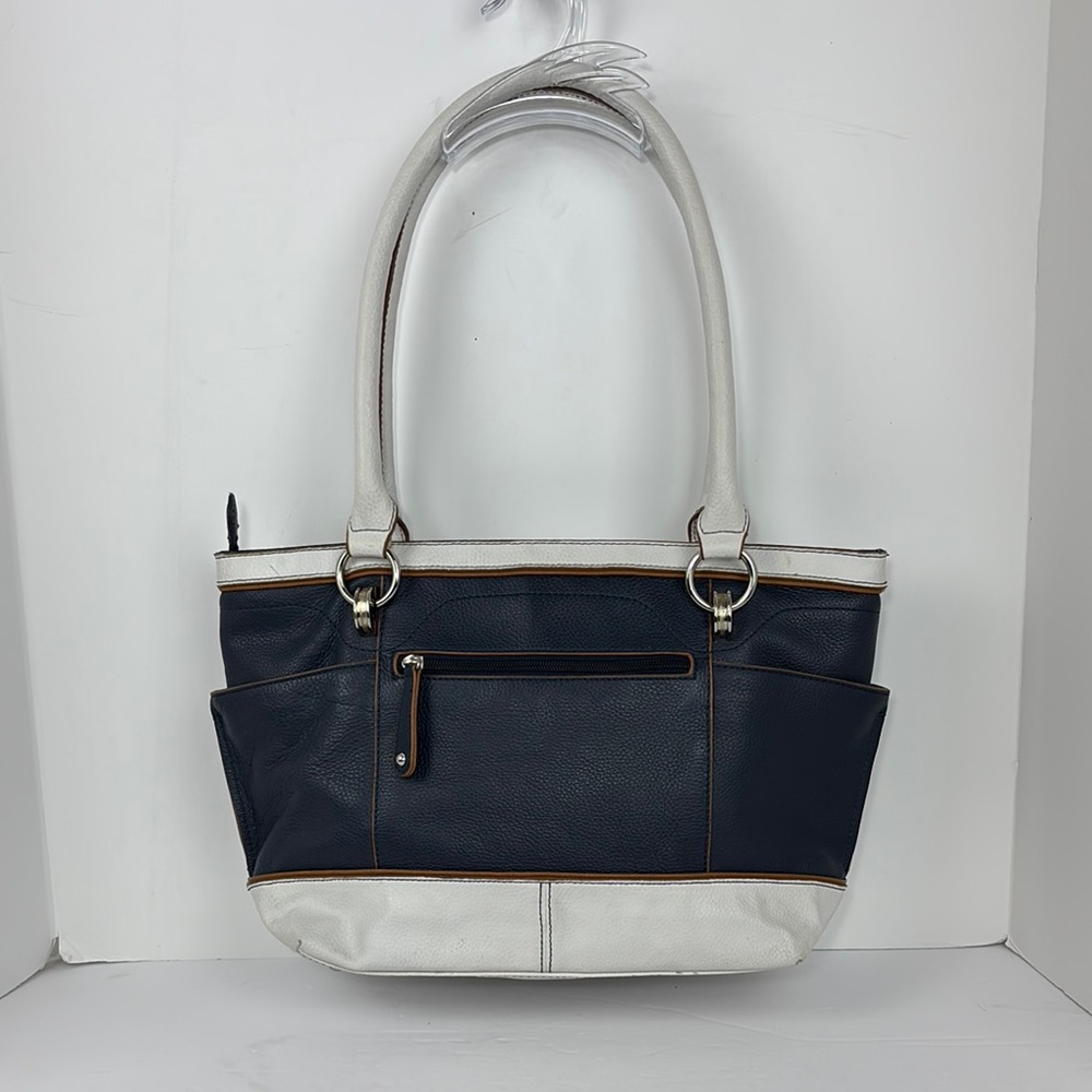 Tignanello 100% Genuine Leather Purse Handbag Bag White Blue & Brown trim